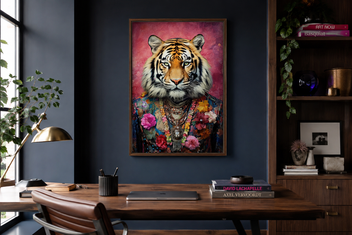 Framed canvas wall art of a tiger in a colorful floral suit hanging above a modern wooden desk.
