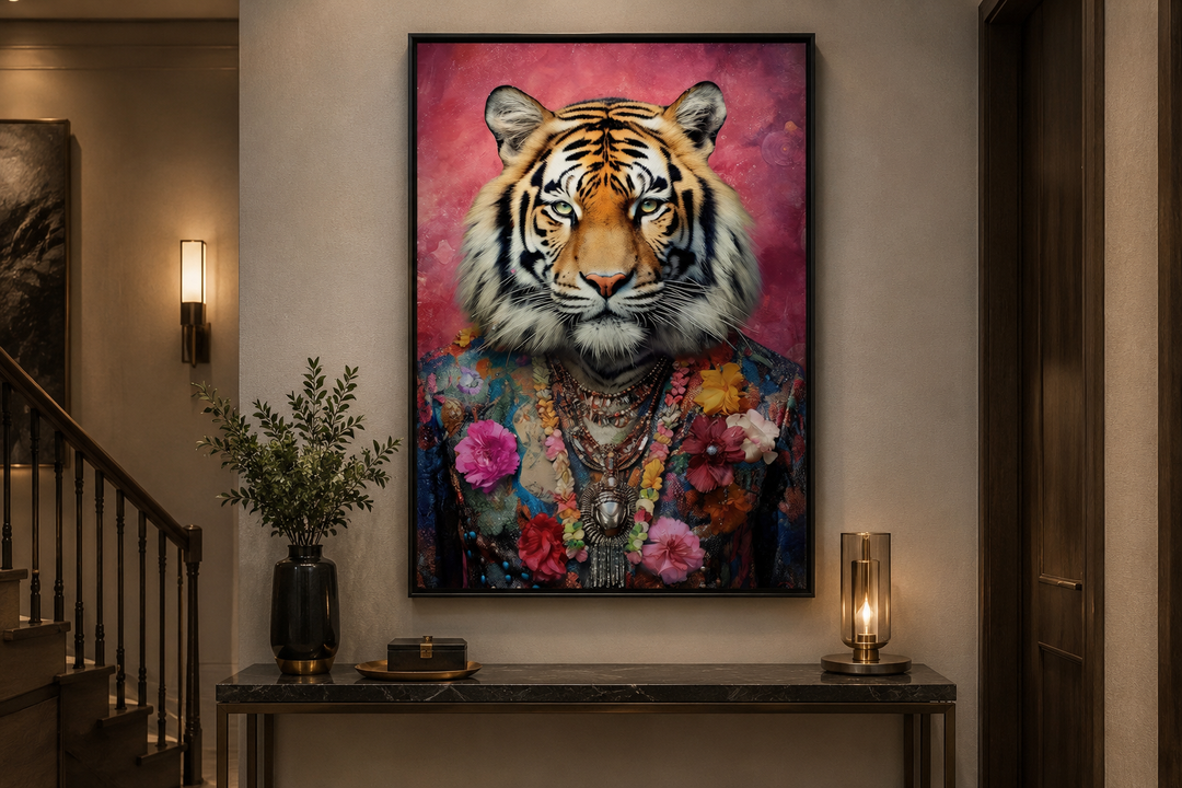 Framed canvas wall art of a tiger in a floral pink suit on a console table in a modern hallway.