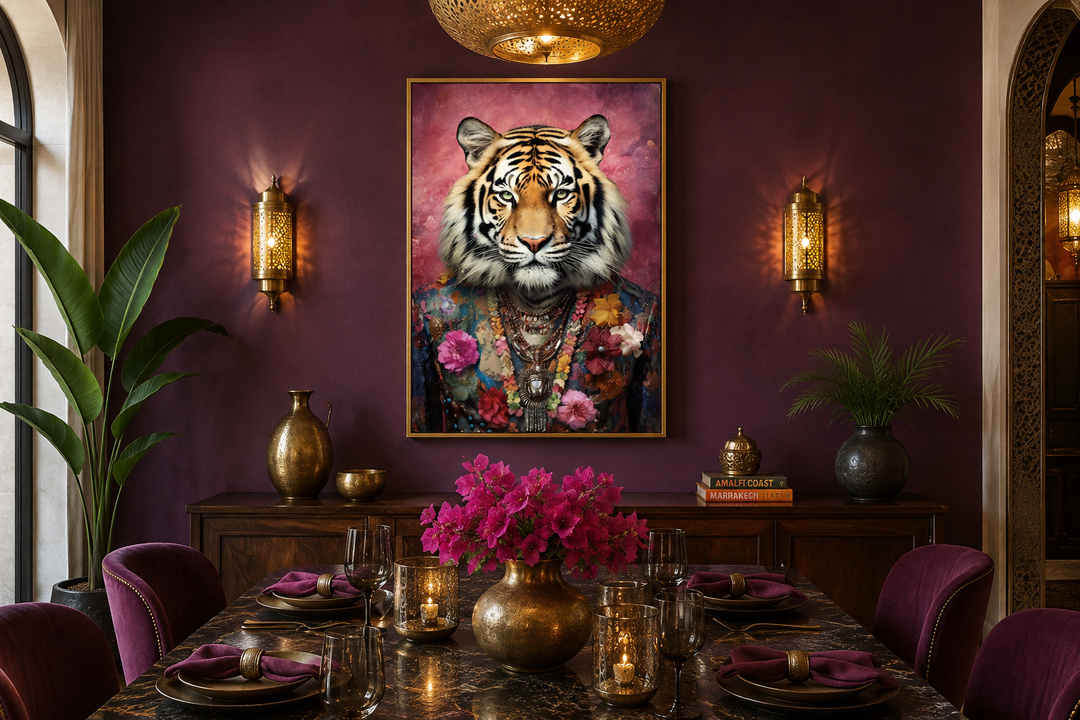 Framed canvas wall art of a tiger in a floral pink suit in a moody, maximalist dining room.