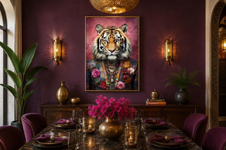 Framed canvas wall art of a tiger in a floral pink suit in a moody, maximalist dining room.