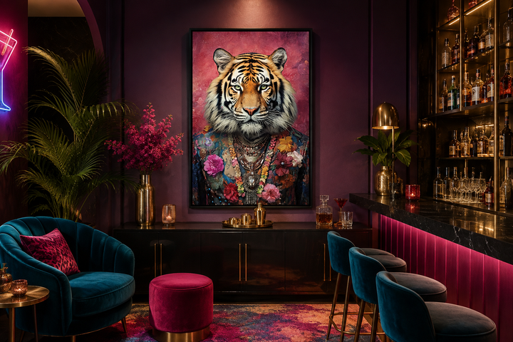 Framed canvas wall art of a tiger in a floral pink suit, hung in a moody, maximalist bar setting.