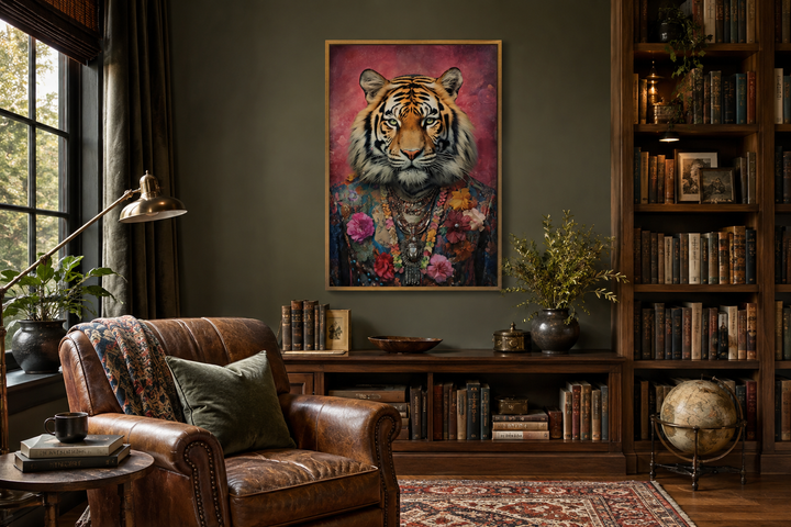Framed canvas wall art of a tiger in a floral suit hanging in a dark green library setting.