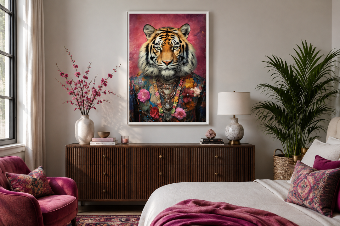 Whimsical tiger in a floral suit framed canvas wall art hanging above a wooden dresser in a bedroom.