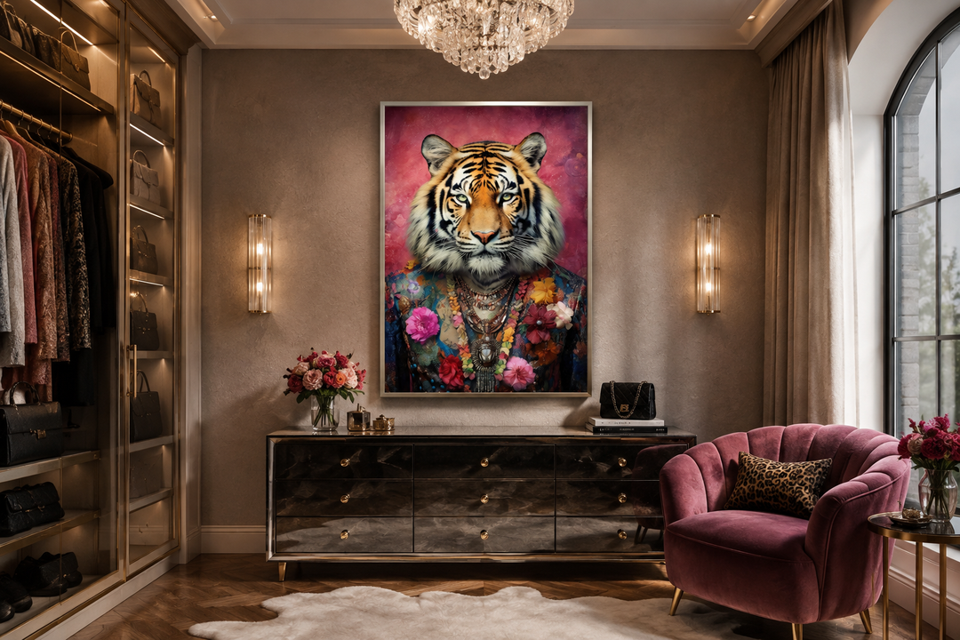 Framed canvas wall art of a whimsical tiger in a floral suit and pink background in a dressing room.