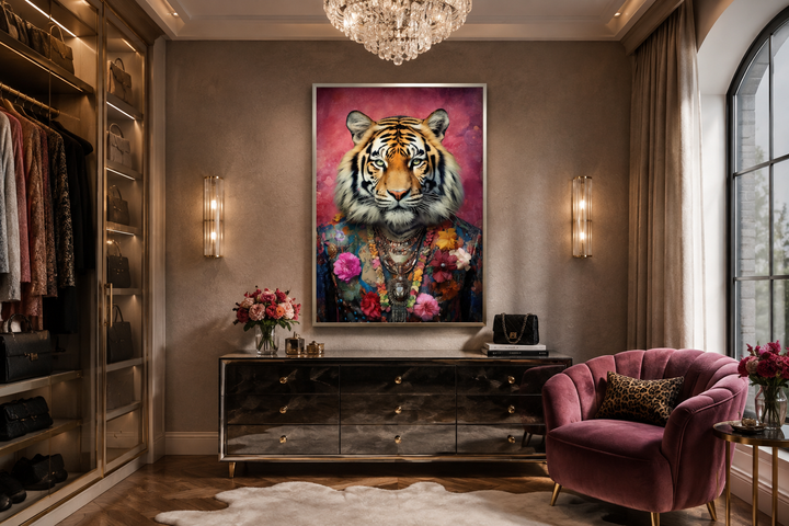 Framed canvas wall art of a whimsical tiger in a floral suit and pink background in a dressing room.