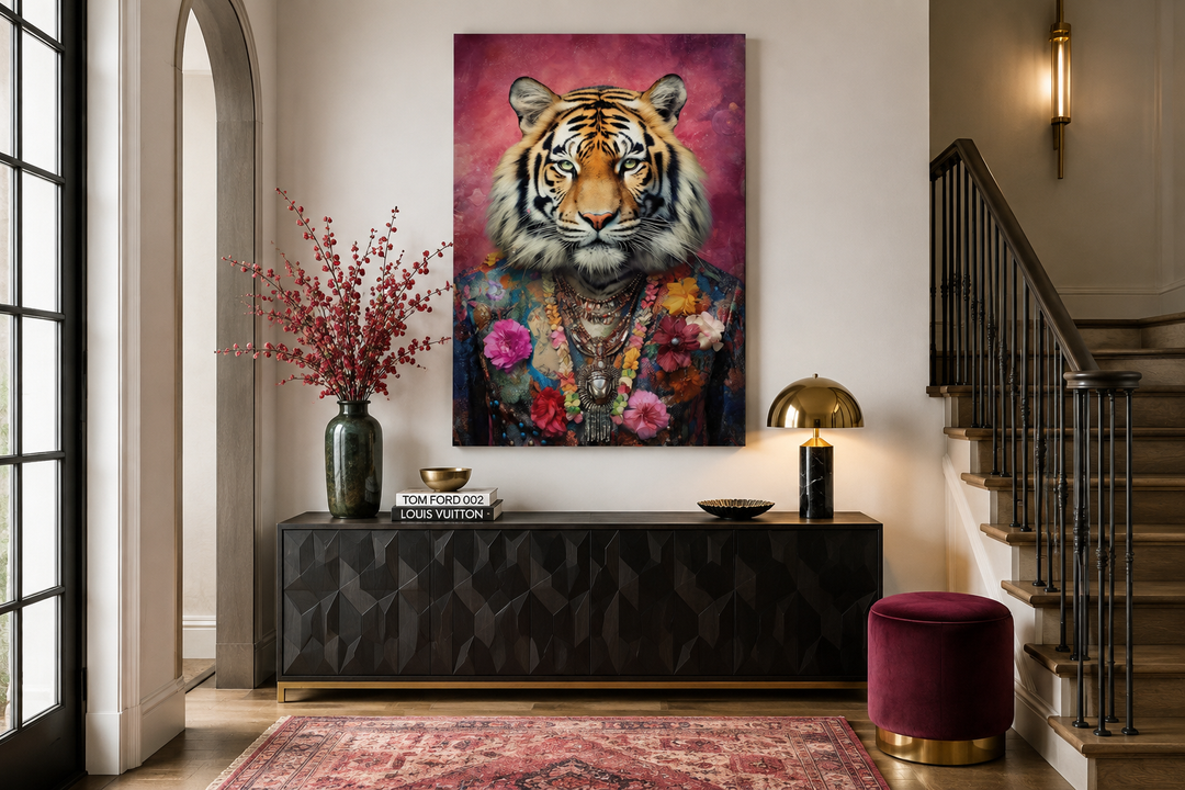 Whimsical framed canvas wall art of a tiger in a colorful suit above a black sideboard.