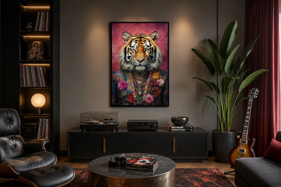 Framed canvas wall art of a tiger in a colorful floral suit hanging in a modern living room.