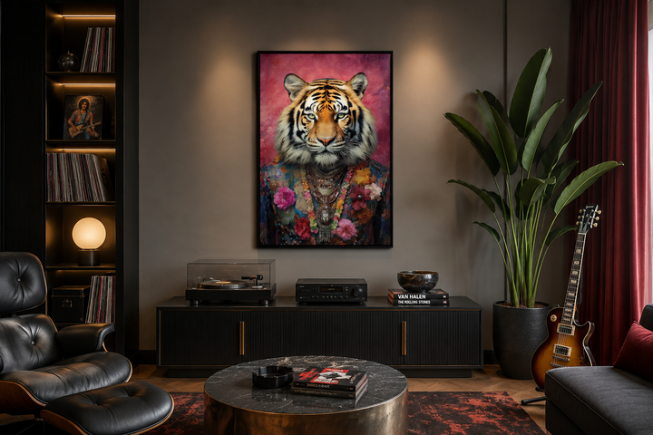 Framed canvas wall art of a tiger in a colorful floral suit hanging in a modern living room.