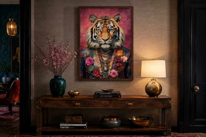 Framed canvas wall art of a tiger in a floral suit above a wooden console table in a modern room.
