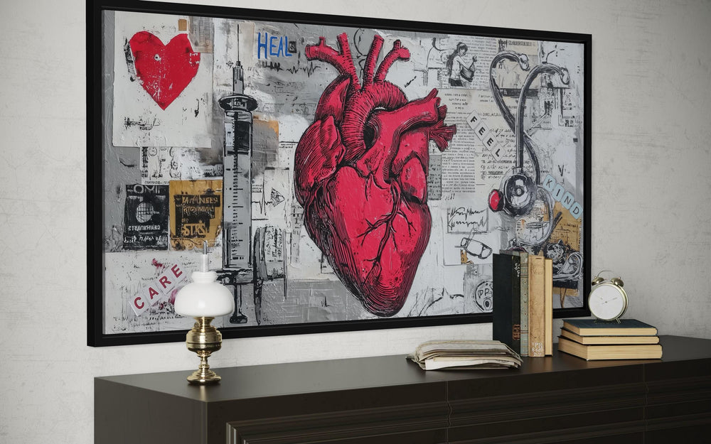 Medical Office Wall Art – Collage Of Anatomical Heart Canvas with Stethoscope and Syringe