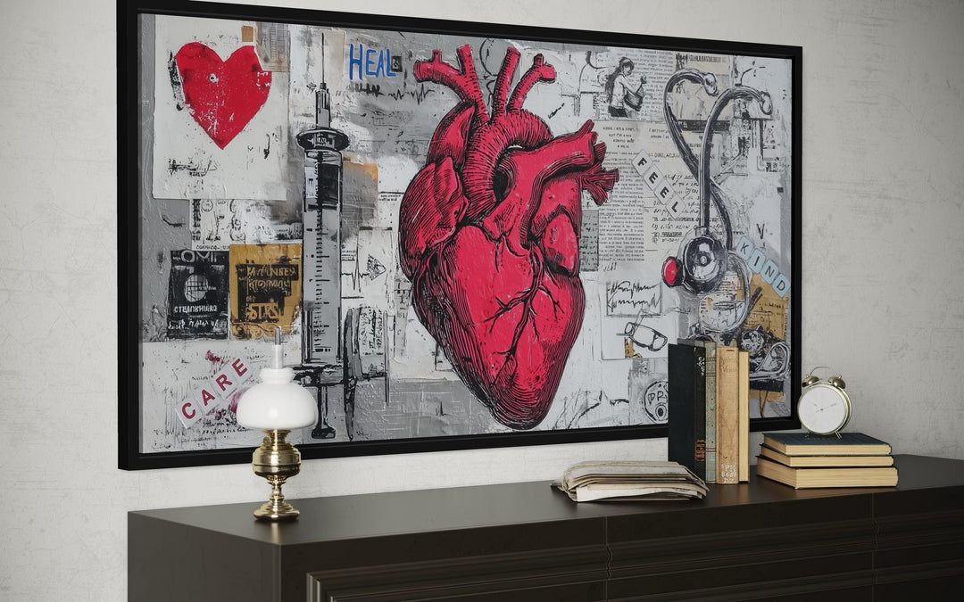 Medical Office Wall Art – Collage Of Anatomical Heart Canvas with Stethoscope and Syringe