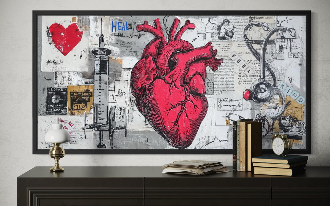 Medical Office Wall Art – Collage Of Anatomical Heart Canvas with Stethoscope and Syringe