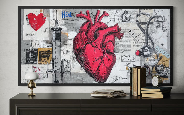 Medical Office Wall Art – Collage Of Anatomical Heart Canvas with Stethoscope and Syringe