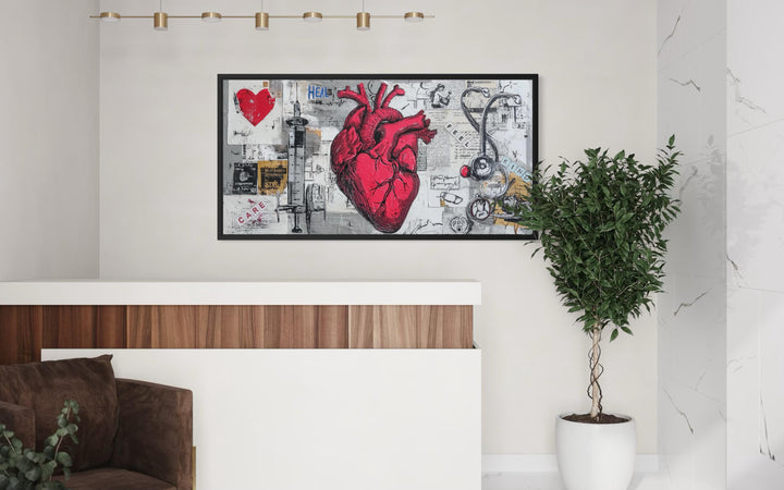 Medical Office Wall Art – Collage Of Anatomical Heart Canvas with Stethoscope and Syringe
