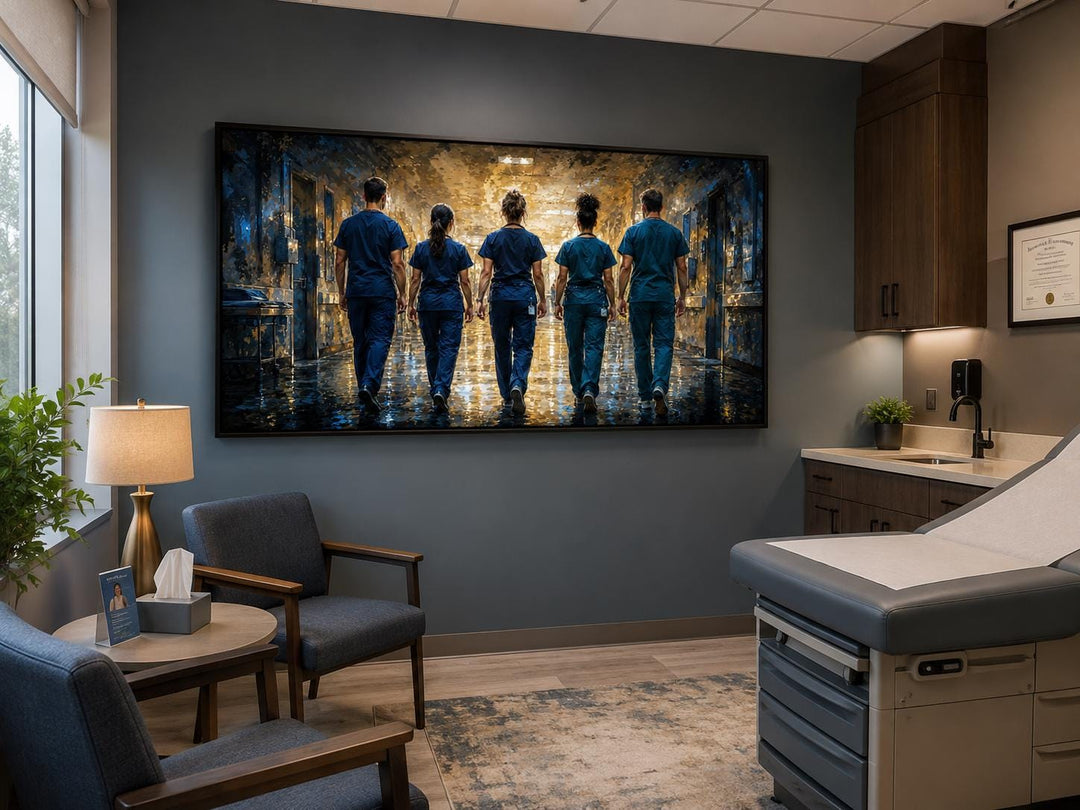 Medical team nurses wall art canvas in a doctor's office above chairs and an examination table.