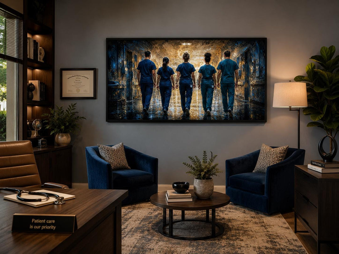 Medical team nurses wall art canvas in a doctor's office above blue armchairs and a coffee table.