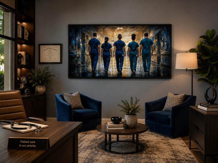 Medical team nurses wall art canvas in a doctor's office above blue armchairs and a coffee table.