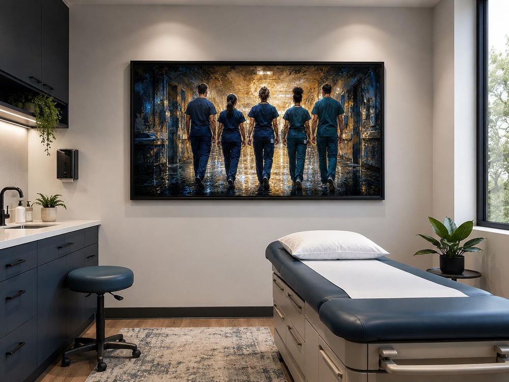 Medical team nurses wall art canvas print hanging in a modern doctor's office above a medical bed.