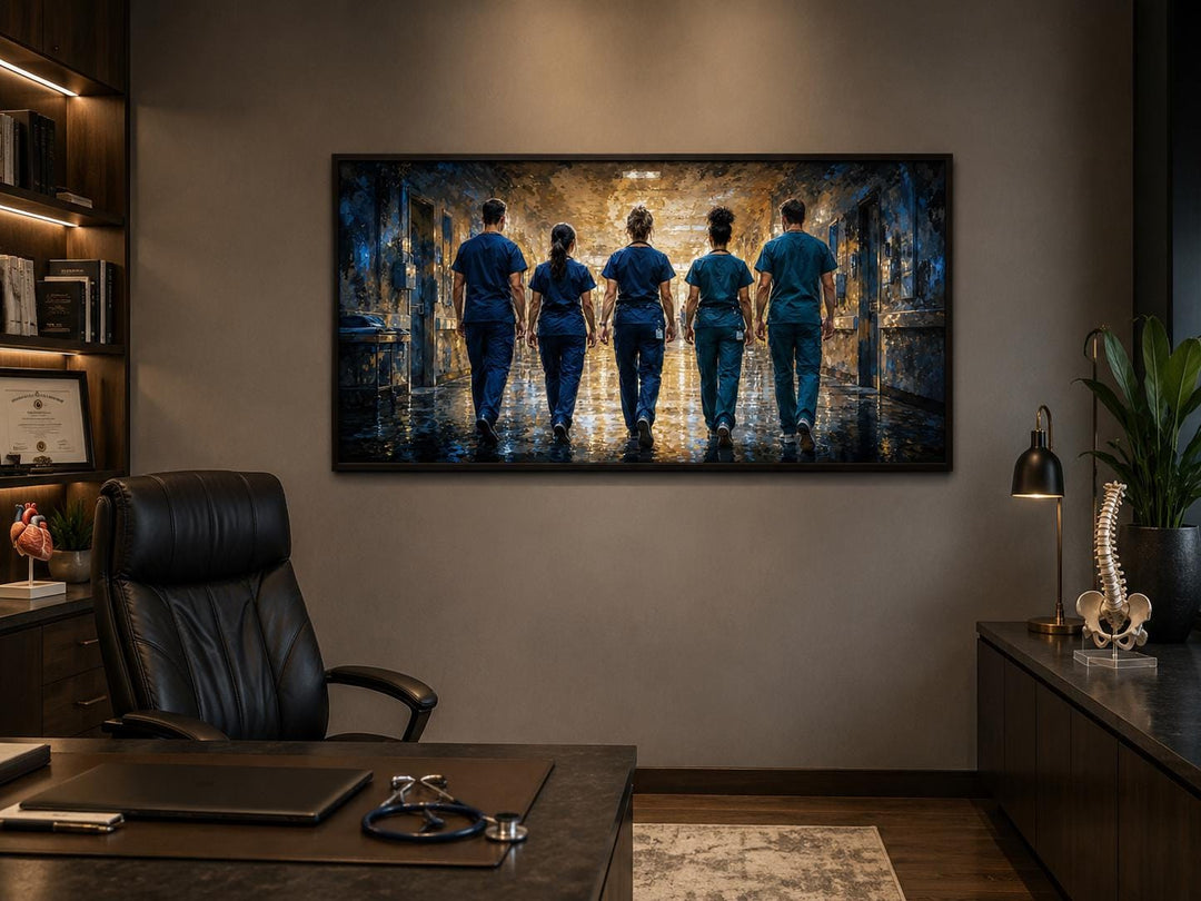 Medical team nurses wall art canvas print hanging in a professional doctor's office.