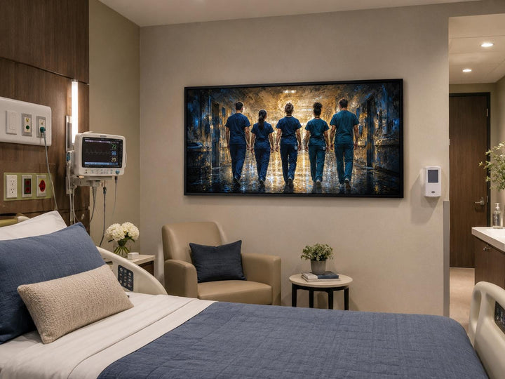 Medical team wall art canvas showing five nurses in blue scrubs walking down a golden-lit hallway.