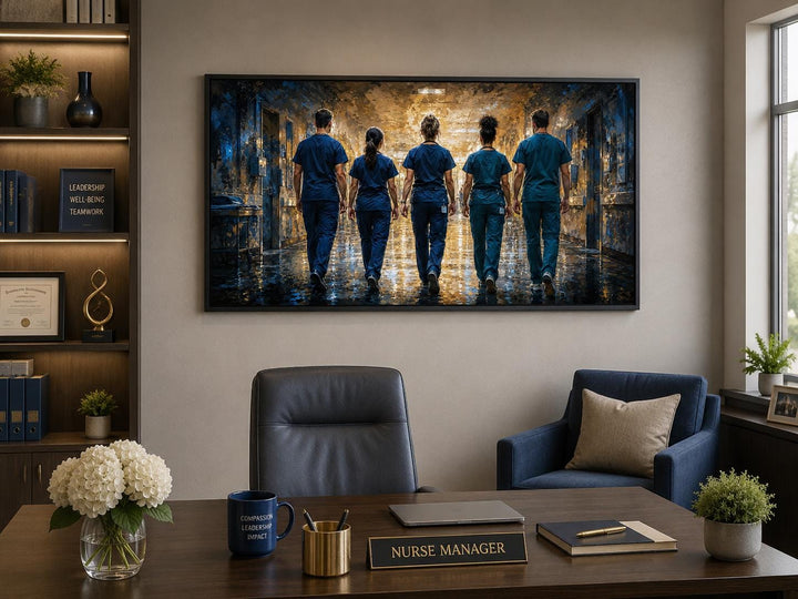 Medical team nurses wall art canvas print hanging in a professional nurse manager's office.