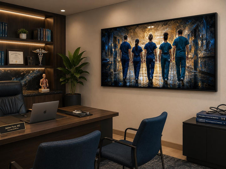 Medical team nurses wall art canvas in a doctor's office with warm golden lighting and blue scrubs.