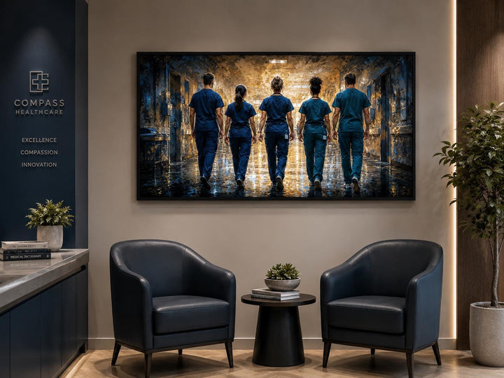 Medical team nurses wall art canvas in a doctor's office waiting room above two leather chairs.