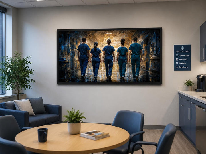 Medical team nurses wall art canvas print hanging in a modern doctor's office breakroom.