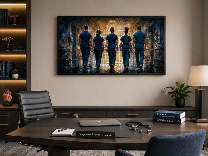 Medical team nurses wall art canvas print hanging in a professional doctor's office.