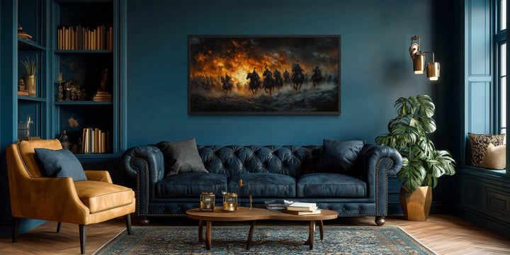 A panoramic canvas of medieval knights charging through fire hangs in a dark blue, modern study.