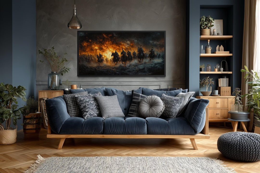 Panoramic canvas wall art of medieval knights charging through fire and smoke in a dark frame.