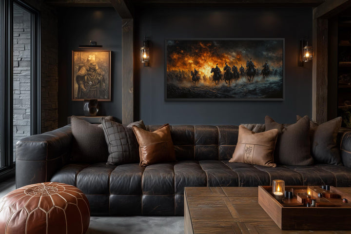 Panoramic canvas art of medieval knights charging through fire on a dark battlefield.