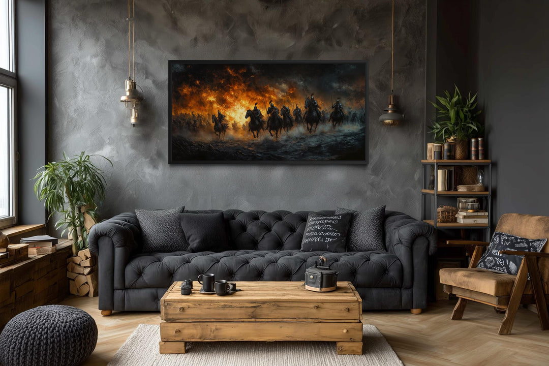 Medieval Knights Battle wall art featuring armored riders charging through fire on a dark canvas.