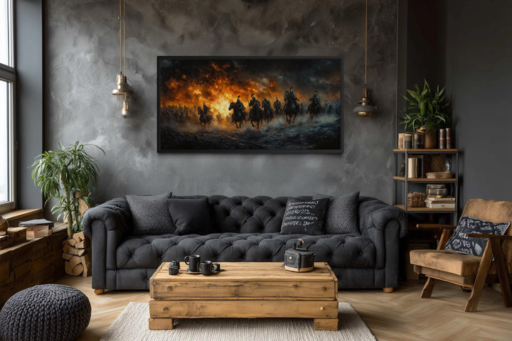 Medieval Knights Battle wall art featuring armored riders charging through fire on a dark canvas.