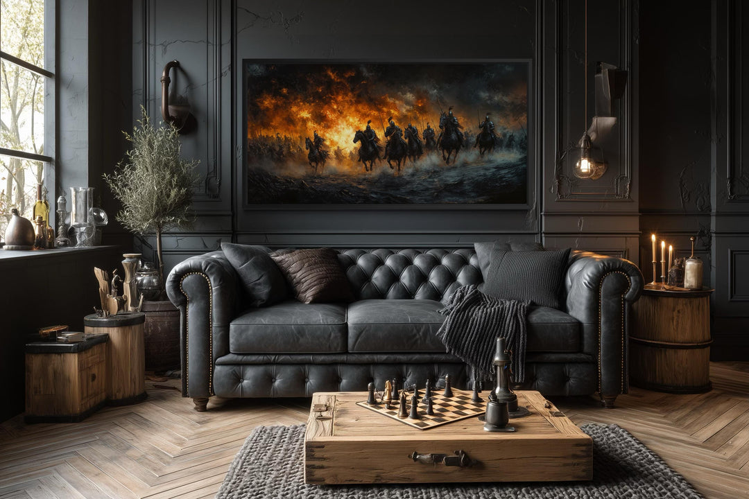 Medieval knights battle canvas wall art featuring armored riders charging through fire and smoke.
