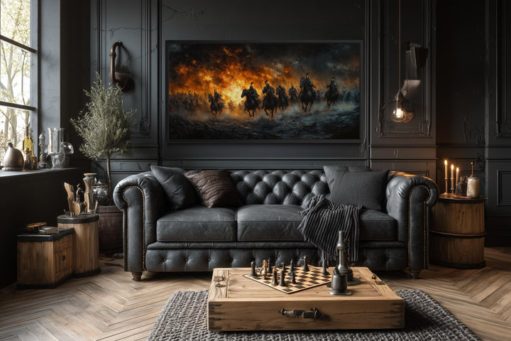 Medieval knights battle canvas wall art featuring armored riders charging through fire and smoke.