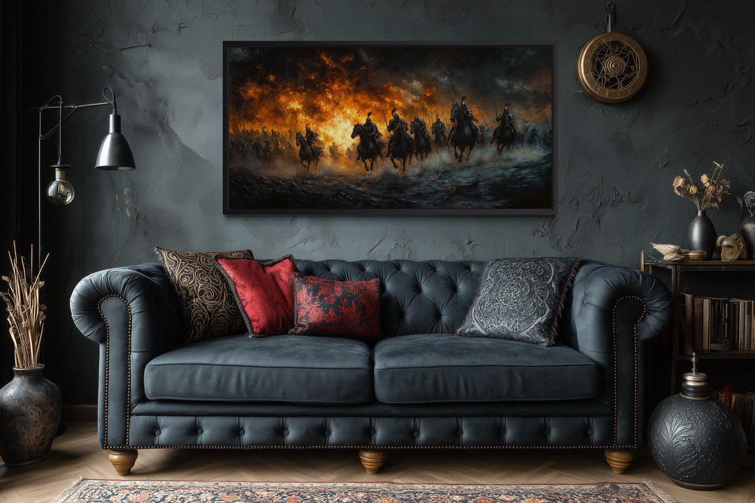 A panoramic canvas of medieval knights charging through fire hangs above a dark tufted sofa.