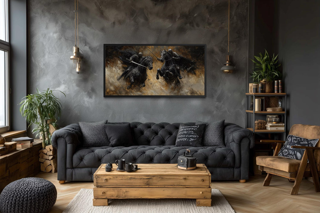 Horizontal framed canvas painting of a dramatic medieval knight duel on a dark textured wall.