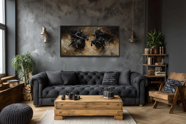 Horizontal framed canvas painting of a dramatic medieval knight duel on a dark textured wall.