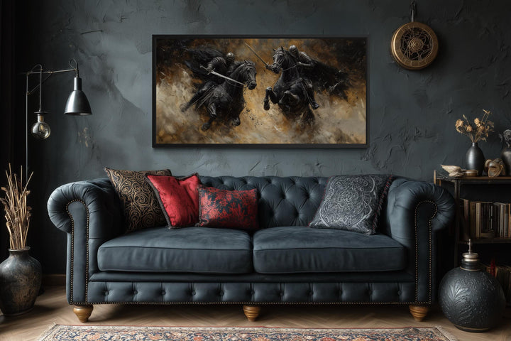 Horizontal framed canvas painting of a dramatic medieval knight duel on a dark textured wall.