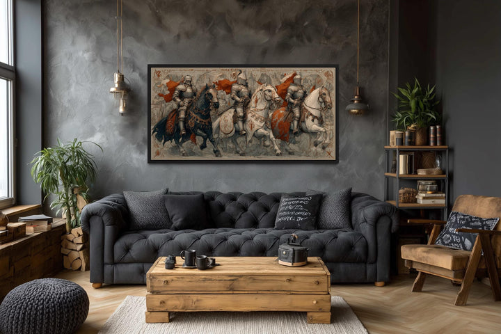Medieval knights battle scene canvas wall art.