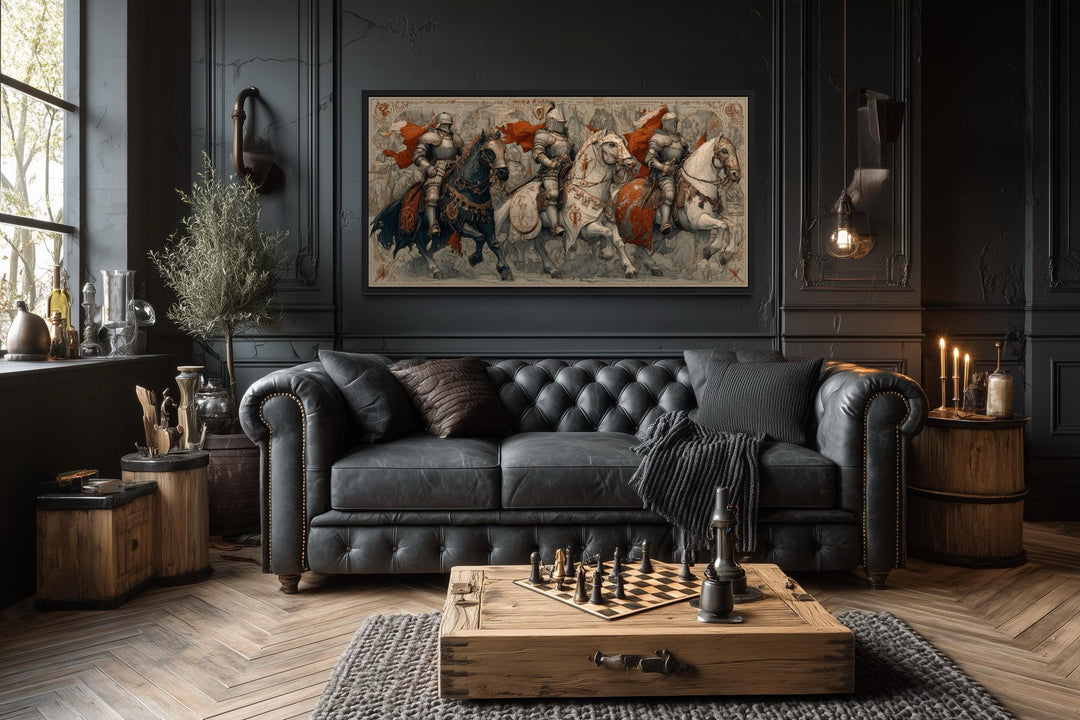 Medieval knights battle scene canvas wall art with armored warriors on horseback.