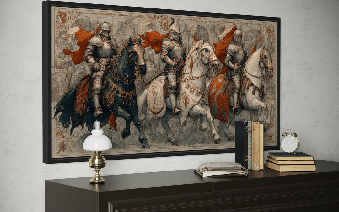 Medieval knights on horseback in a gothic battle scene.