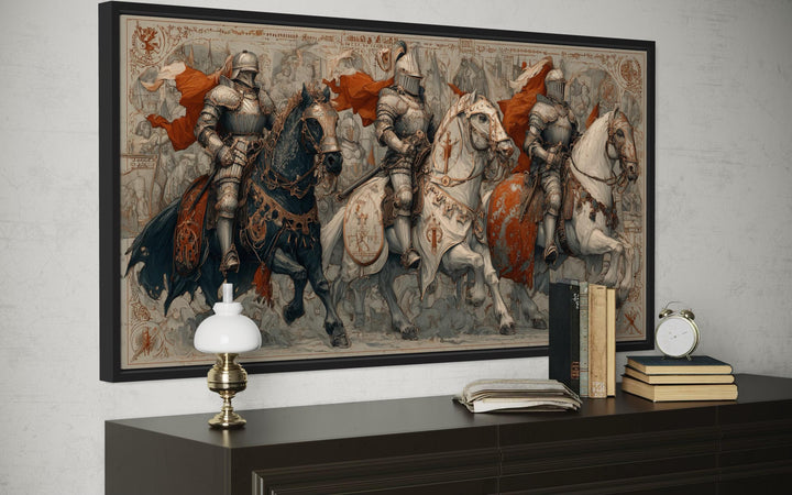 Medieval knights on horseback in a gothic battle scene.