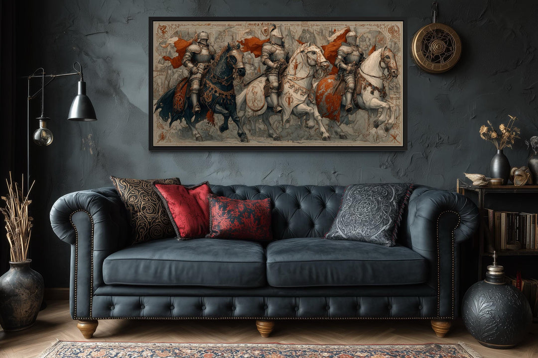 A framed canvas print depicts medieval knights on horseback in a battle scene.