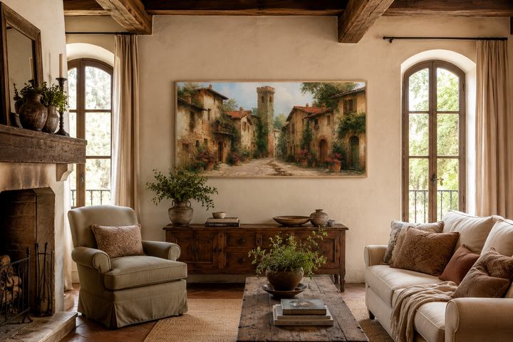Framed wall art of a medieval village with stone cottages and a cobblestone path in a rustic room.