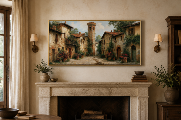 Framed wall art of a medieval village with stone cottages above a fireplace mantel in a cozy room.