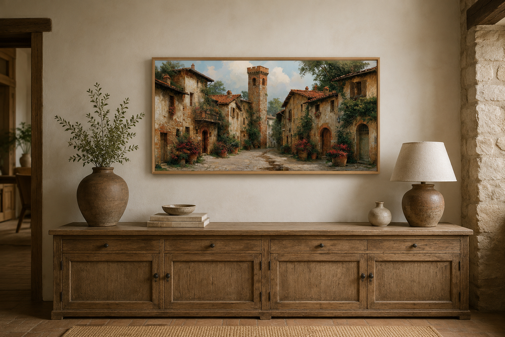 Framed wall art of a medieval village with stone cottages above a rustic wooden sideboard.