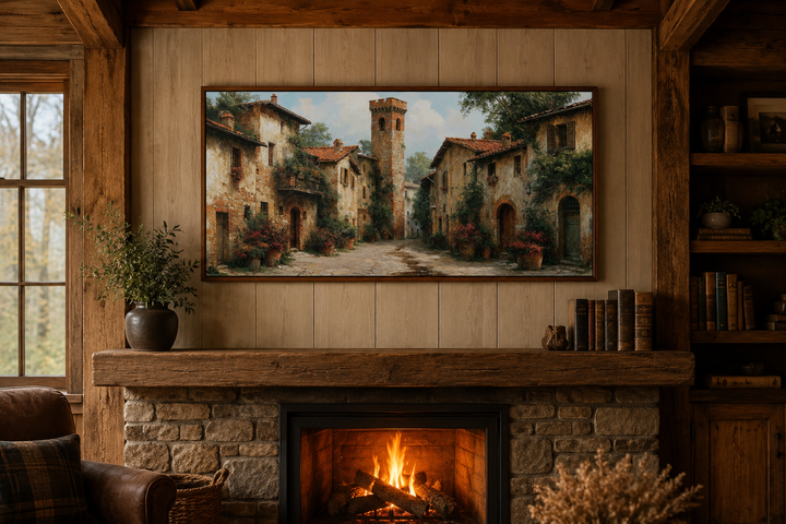 Framed wall art of a medieval village with stone cottages above a rustic fireplace mantel.