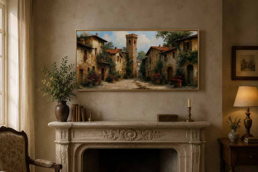 Medieval village wall art with stone cottages and cobblestone path above a carved stone fireplace.